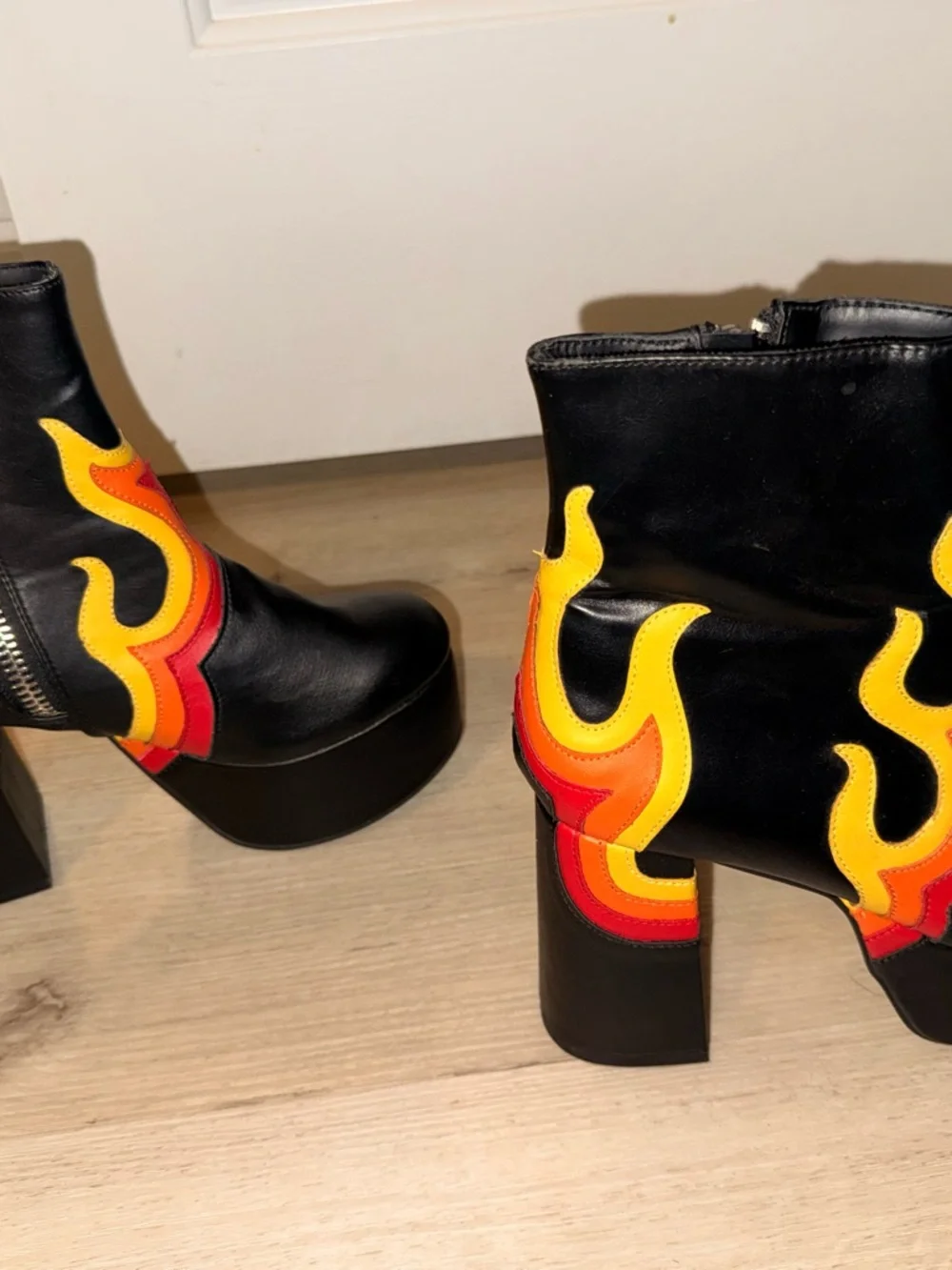 Dolls Kill Black Platform Ankle Boots with Red & Yellow Flame Appliqués